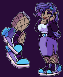 Size: 1587x1938 | Tagged: safe, alternate version, artist:sexygoatgod, rarity, human, g4, blue background, clothes, dress, elf ears, female, human coloration, humanized, moderate dark skin, one eye closed, shoes, simple background, sneakers, solo, wink