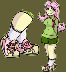 Size: 1717x1875 | Tagged: safe, artist:sexygoatgod, fluttershy, human, equestria girls, g4, backpack, clothes, female, green background, humanized, shoes, simple background, skirt, sneakers, solo, sweater