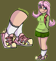 Size: 1717x1875 | Tagged: safe, alternate version, artist:sexygoatgod, fluttershy, human, g4, backpack, clothes, female, green background, human coloration, humanized, shoes, simple background, skirt, sneakers, solo, sweater