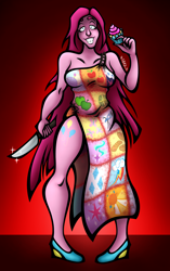 Size: 3896x6216 | Tagged: safe, artist:x-somebodyrandom-x, pinkie pie, human, fanfic:cupcakes, g4, clothes, cupcake, cutie mark dress, cutie mark on human, dress, female, food, grin, high heels, humanized, knife, pinkamena diane pie, pony coloring, shoes, smiling, solo