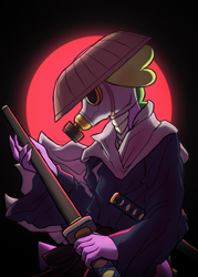 Size: 2920x4071 | Tagged: safe, artist:yaisoula, spike, dragon, anthro, g4, asian conical hat, clothes, gas mask, hat, katana, male, mask, solo, sword, weapon