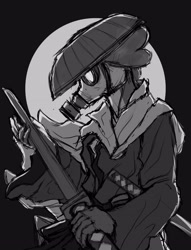 Size: 2920x3819 | Tagged: safe, artist:yaisoula, spike, dragon, anthro, g4, asian conical hat, clothes, gas mask, grayscale, hat, high res, katana, male, mask, monochrome, solo, sword, weapon