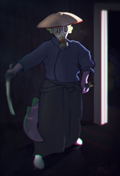 Size: 2624x3855 | Tagged: safe, alternate version, artist:yaisoula, spike, dragon, anthro, g4, asian conical hat, clothes, gas mask, hat, high res, katana, male, mask, signature, solo, sword, weapon