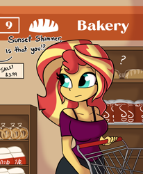 Size: 1584x1920 | Tagged: safe, artist:tjpones, sunset shimmer, human, equestria girls, g4, bakery, bread, breasts, busty sunset shimmer, cleavage, commission, female, food, implied sonata dusk, offscreen character, pretzel, question mark, shopping cart, solo