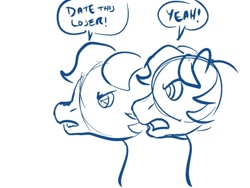 Size: 640x480 | Tagged: safe, artist:horsewizardart, pony, g1, angry, bust, dialogue, duo, frown, monochrome, open mouth, simple background, sketch, speech bubble, white background