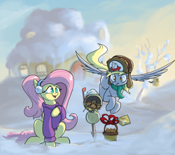 Size: 1800x1600 | Tagged: safe, artist:rocket-lawnchair, derpy hooves, fluttershy, pegasus, pony, squirrel, g4, acorn, basket, clothes, earmuffs, fluttershy's cottage, hat, mailbox, present, scarf, scrunchy face, snow, sweater, sweatershy, winter, winter hat
