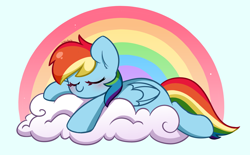 Size: 5440x3368 | Tagged: safe, artist:kittyrosie, rainbow dash, pegasus, pony, g4, absurd resolution, blue background, blushing, cloud, cyan background, on a cloud, rainbow, simple background, sleeping, solo