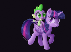 Size: 1639x1198 | Tagged: safe, artist:oneeyedsheep, spike, twilight sparkle, alicorn, dragon, pony, duo, fangs, female, male, mare, riding, simple background, smiling, spike riding twilight, twilight sparkle (alicorn)
