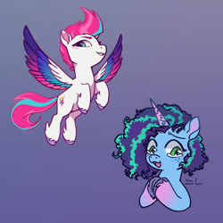 Size: 2048x2048 | Tagged: safe, artist:oneeyedsheep, misty brightdawn, zipp storm, pegasus, pony, unicorn, g5, spoiler:g5, colored wings, cornrows, crying, curly mane, duo, duo female, eyebrows, female, freckles, gradient background, gradient wings, grin, high res, hooves together, mare, multicolored wings, open mouth, open smile, signature, smiling, spread wings, teary eyes, unshorn fetlocks, watermark, wings