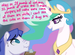 Size: 1264x928 | Tagged: safe, artist:oneeyedsheep, princess celestia, alicorn, pony, g4, clipboard, colored pupils, duo, implied drugs, implied stripping, master chief and luna hanging out, meme, misspelling, redraw, scrunchy face, speech bubble