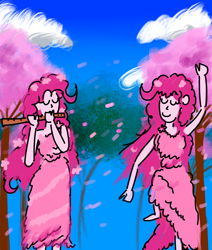 Size: 2200x2600 | Tagged: safe, artist:horsesplease, pinkie pie, dryad, fairy, human, equestria girls, g4, cherry blossoms, cherry tree, clothes, dancing, dream art, dress, duality, flower, flower blossom, flower in hair, flute, high res, musical instrument, sakura pie, self paradox, tree