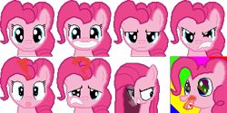 Size: 384x192 | Tagged: safe, artist:scootaloormayfly, pinkie pie, earth pony, pony, g4, angry, drugs, exclamation point, looking at you, lsd, pinkamena diane pie, pinkie pie is not amused, pixel art, question mark, rainbow, rpg maker, rpg maker vx ace, simple background, smiling, smiling at you, sprite, surprised, transparent background, unamused