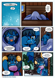Size: 2480x3508 | Tagged: safe, artist:dsana, oc, oc:lullaby dusk, pegasus, pony, comic:a storm's lullaby, clothes, crying, earmuffs, female, filly, foal, hearth's warming eve, high res, oh crap, oh no, plushie, scarf, snow, snowfall