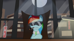 Size: 3840x2160 | Tagged: safe, artist:pearmare animation, rainbow dash, pegasus, pony, g4, business, businessmare, cigar, desk, high res, lamp, moon, necktie, solo, sunglasses, thumbnail, tokyo, window