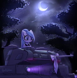 Size: 2450x2485 | Tagged: safe, artist:opal_radiance, oc, oc only, oc:opal rosamond, pegasus, pony, dark, female, folded wings, forest, high res, mare, night, panzer, panzer ii, pegasus oc, smiling, solo, tank (vehicle), wings