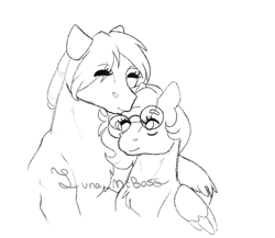 Size: 869x755 | Tagged: safe, artist:luna_mcboss, oc, oc only, oc:double stuff, clydesdale, pegasus, pony, chest fluff, crooked glasses, duo, eyes closed, feathered wings, female, forehead kiss, glasses, kissing, lesbian, oc x oc, one eye open, shipping, simple background, sketch, smooch, unshorn fetlocks, white background, wholesome, wings
