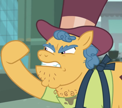 Size: 1210x1080 | Tagged: safe, screencap, stinky bottom, earth pony, pony, g4, made in manehattan, season 5, angry, cropped, facial hair, gritted teeth, hat, male, manehattan, raised hoof, solo, stallion, teeth
