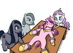 Size: 1024x740 | Tagged: safe, alternate version, artist:lightfurygirltamer2, marble pie, potion nova, princess cadance, oc, oc:minkie pie, alicorn, earth pony, pony, unicorn, g4, g4.5, my little pony: pony life, background removed, belly, bondage, broken horn, concave belly, crown, earth pony oc, eyeliner, featureless crotch, frown, grin, hoof shoes, horn, jewelry, knife, lying down, makeup, novacorn, on back, peril, peytral, regalia, simple background, smiling, this will end in death, transparent background