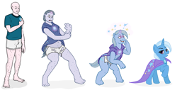 Size: 2709x1371 | Tagged: safe, artist:prurientpie, trixie, human, pony, unicorn, bald, clothes, female, grin, male, male to female, mare, raised hoof, rule 63, shorts, simple background, smiling, transformation, transformation sequence, transgender transformation, white background