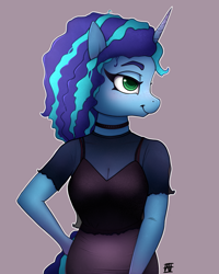 Size: 2000x2500 | Tagged: safe, alternate version, artist:naen, misty, unicorn, anthro, plantigrade anthro, g5, blouse, blushing, bra, choker, clothes, female, freckles, looking away, mare, see-through, simple background, skirt, solo, underwear