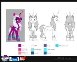 Size: 677x540 | Tagged: safe, opaline arcana, alicorn, pony, g5, official, spoiler:g5, atomic cartoons logo, concave belly, concept art, cropped, design, eone, female, folded wings, mare, my little pony logo, reference sheet, slender, solo, thin, wings
