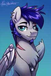 Size: 2000x3000 | Tagged: safe, artist:jedayskayvoker, oc, oc only, oc:blue crest, pegasus, pony, ashes town, bust, dilf, dog tags, ear piercing, eye scar, facial scar, gradient background, headshot commission, high res, male, metal wing, pegasus oc, piercing, portrait, prosthetic limb, prosthetic wing, scar, stallion, wings
