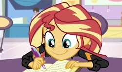 Size: 1080x635 | Tagged: safe, screencap, sunset shimmer, human, equestria girls, g4, mirror magic, spoiler:eqg specials, adorable face, book, cute, female, fire, happy, letter, shimmerbetes, smiling, solo, sun, sunset, writing