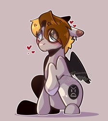 Size: 1122x1254 | Tagged: safe, artist:aff3ct10nn, oc, oc only, oc:sunny (lrusu), hybrid, mule, pegamule, pony, eye clipping through hair, floating heart, floppy ears, hair over one eye, heart, hybrid oc, looking at you, simple background, smiling, solo