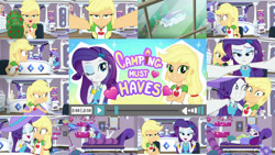 Size: 1280x722 | Tagged: safe, edit, edited screencap, editor:quoterific, screencap, applejack, rarity, human, camping must-haves, equestria girls, g4, my little pony equestria girls: better together, adjusting, blue eyeshadow, confused, couch, crossed arms, cute, draw me like one of your french girls, duo, duo female, eyeshadow, female, freckles, frown, geode of shielding, geode of super strength, grin, hat, heart, magical geodes, makeup, one eye closed, open mouth, open smile, pillow, raribetes, rv, selfie, shipping fuel, smiling, van, wink