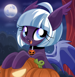 Size: 2327x2410 | Tagged: safe, artist:spookyle, oc, oc only, oc:moonlit mist, bat pony, pony, bat pony oc, bush, cloud, cute, cute little fangs, fangs, female, full moon, halloween, high res, holiday, jack-o-lantern, mare, moon, night, ocbetes, open mouth, pumpkin, signature, solo, tree