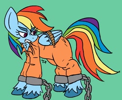 Size: 1308x1080 | Tagged: safe, artist:biscotti5000, rainbow dash, pegasus, pony, g4, bound wings, clothes, commission, commissioner:rainbowdash69, cuffed, green background, grumpy, never doubt rainbowdash69's involvement, prison outfit, prisoner rd, rope, simple background, solo, unshorn fetlocks, wings