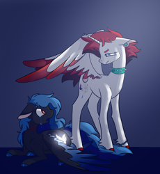 Size: 3500x3800 | Tagged: safe, artist:katyusha, oc, oc:azule dusk, oc:scarlet amber rose, alicorn, pegasus, pony, collar, crying, duo, female, heterochromia, high res, mare, necromancy, revival, scar