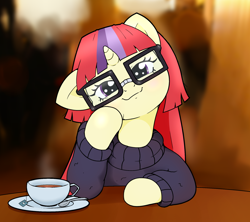 Size: 1800x1600 | Tagged: safe, artist:kumakum, moondancer, pony, unicorn, cafe, food, looking at you, solo, tea, wholesome