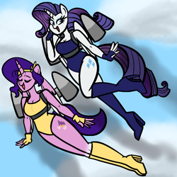 Size: 1000x1000 | Tagged: safe, artist:chelseawest, pipp petals, rarity, alicorn, anthro, g4, g5, alicornified, clothes, duo, duo female, female, jetpack, leotard, pipp and her heroine, pippcorn, race swap, raricorn