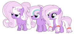 Size: 1260x583 | Tagged: safe, artist:stack-of-cookies, oc, oc only, oc:ink iris, oc:purple iris, oc:sugar iris, earth pony, pegasus, pony, unicorn, base used, female, filly, foal, simple background, transparent background