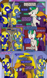 Size: 1920x3168 | Tagged: safe, artist:alexdti, oc, oc:purple creativity, oc:star logic, pegasus, pony, unicorn, comic:quest for friendship, comic, dialogue, ears back, eye contact, female, folded wings, glasses, high res, hoof hold, hooves, horn, implied twilight sparkle, lidded eyes, looking at each other, looking at someone, male, mare, misspelling, narrowed eyes, open mouth, open smile, pegasus oc, pinpoint eyes, raised hoof, royal guard, smiling, spear, speech bubble, stallion, two toned mane, underhoof, unicorn oc, weapon, wings