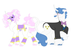 Size: 1280x854 | Tagged: safe, artist:itstechtock, fancypants, fleur-de-lis, classical unicorn, pony, unicorn, g4, blushing, clothes, cloven hooves, concave belly, curved horn, facial hair, female, horn, leonine tail, male, mare, mask, monocle, moustache, raised hoof, saddle, ship:fancyfleur, shipping, simple background, slender, smiling, stallion, straight, suit, tack, thin, transparent background, unshorn fetlocks