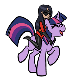 Size: 1000x1000 | Tagged: safe, artist:chelseawest, twilight sparkle, human, pony, unicorn, g4, crossover, duo, duo female, eyes closed, female, humans riding ponies, open mouth, open smile, riding, simple background, smiling, the incredibles, transparent background, unicorn twilight, violet parr