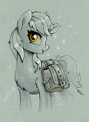 Size: 873x1200 | Tagged: safe, artist:maytee, lyra heartstrings, pony, unicorn, g4, bag, female, looking at you, mare, marker drawing, partial color, saddle bag, solo, traditional art