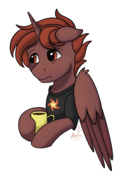 Size: 763x1063 | Tagged: safe, artist:moony, oc, oc only, oc:hardy, alicorn, pony, cup, male, male alicorn, male alicorn oc, simple background, solo, stallion, teacup, tired, transparent background