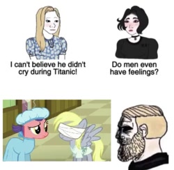 Size: 707x691 | Tagged: safe, edit, edited screencap, screencap, derpy hooves, soft scrubs, earth pony, pegasus, pony, g4, where the apple lies, beard, blindfold, doctor, facial hair, meme, simple background, titanic, white background