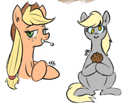 Size: 540x449 | Tagged: safe, artist:dubudrops, applejack, derpy hooves, g4, applejack's hat, cowboy hat, duo, food, hat, muffin, signature, simple background, straw, straw in mouth, white background