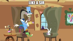 Size: 888x499 | Tagged: safe, edit, edited screencap, screencap, angel bunny, discord, draconequus, rabbit, g4, keep calm and flutter on, animal, caption, chair, clothes, cup, discord lamp, drink, duo, fancy, image macro, imgflip, male, monocle, sitting, suit, tea, teacup, text