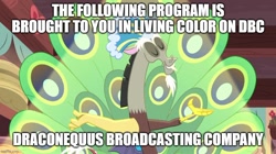 Size: 888x499 | Tagged: safe, edit, edited screencap, screencap, discord, draconequus, discordant harmony, g4, caption, eyes closed, image macro, imgflip, male, outstretched arms, peacock feathers, solo, text