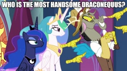 Size: 888x499 | Tagged: safe, edit, edited screencap, screencap, discord, princess celestia, princess luna, alicorn, draconequus, pony, g4, the beginning of the end, caption, crown, female, horn, image macro, imgflip, jewelry, male, mare, pointing, regalia, reporter, royal sisters, siblings, sisters, sitting, text, trio