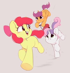 Size: 1018x1076 | Tagged: safe, artist:melodylibris, apple bloom, scootaloo, sweetie belle, earth pony, pegasus, pony, unicorn, adorabloom, apple bloom's bow, blank flank, bow, cute, cutealoo, cutie mark crusaders, diasweetes, female, filly, flapping wings, foal, gray background, hair bow, looking back, open mouth, open smile, running, scooter, simple background, smiling, wings
