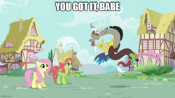 Size: 888x499 | Tagged: safe, edit, edited screencap, screencap, discord, fluttershy, tree hugger, draconequus, earth pony, pegasus, pony, g4, make new friends but keep discord, caption, female, finger gun, image macro, imgflip, male, mare, pointing, text, trio