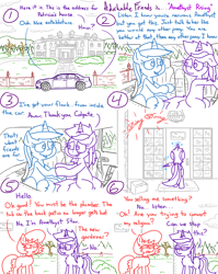 Size: 4779x6013 | Tagged: safe, artist:adorkabletwilightandfriends, amethyst star, minuette, sparkler, oc, oc:patricia, earth pony, pony, unicorn, comic:adorkable twilight and friends, g4, adorkable, adorkable friends, automobile, car, chandelier, character development, cloud, cloudy, comic, cute, door, doorbell, dork, fancy, friendship, glowing, glowing horn, holding hooves, horn, house, interior, magic, magic aura, mansion, neighborhood, outdoors, overcast, ponyville, rear view, sign, sitting, slice of life, support, tail, telekinesis, wall
