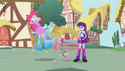 Size: 1641x923 | Tagged: safe, artist:ericgthompson03, pinkie pie, spike, twilight sparkle, dog, human, equestria girls, friendship is magic, g4, boots, clothes, equestria girls interpretation, female, gasp, high heel boots, male, pleated skirt, ponyville, scared, scene interpretation, shoes, skirt, spike the dog, trio