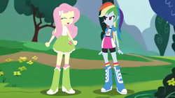 Size: 1280x720 | Tagged: safe, artist:ericgthompson03, fluttershy, rainbow dash, human, equestria girls, g4, season 1, sonic rainboom (episode), boots, clothes, duo, duo female, equestria girls interpretation, female, fluttershy's skirt, flutteryay, scene interpretation, shoes, skirt, sleeveless, tank top, yay